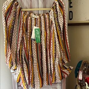 Boho Stripe Peasant Blouse — White with Red, Mustard & Green Stripes